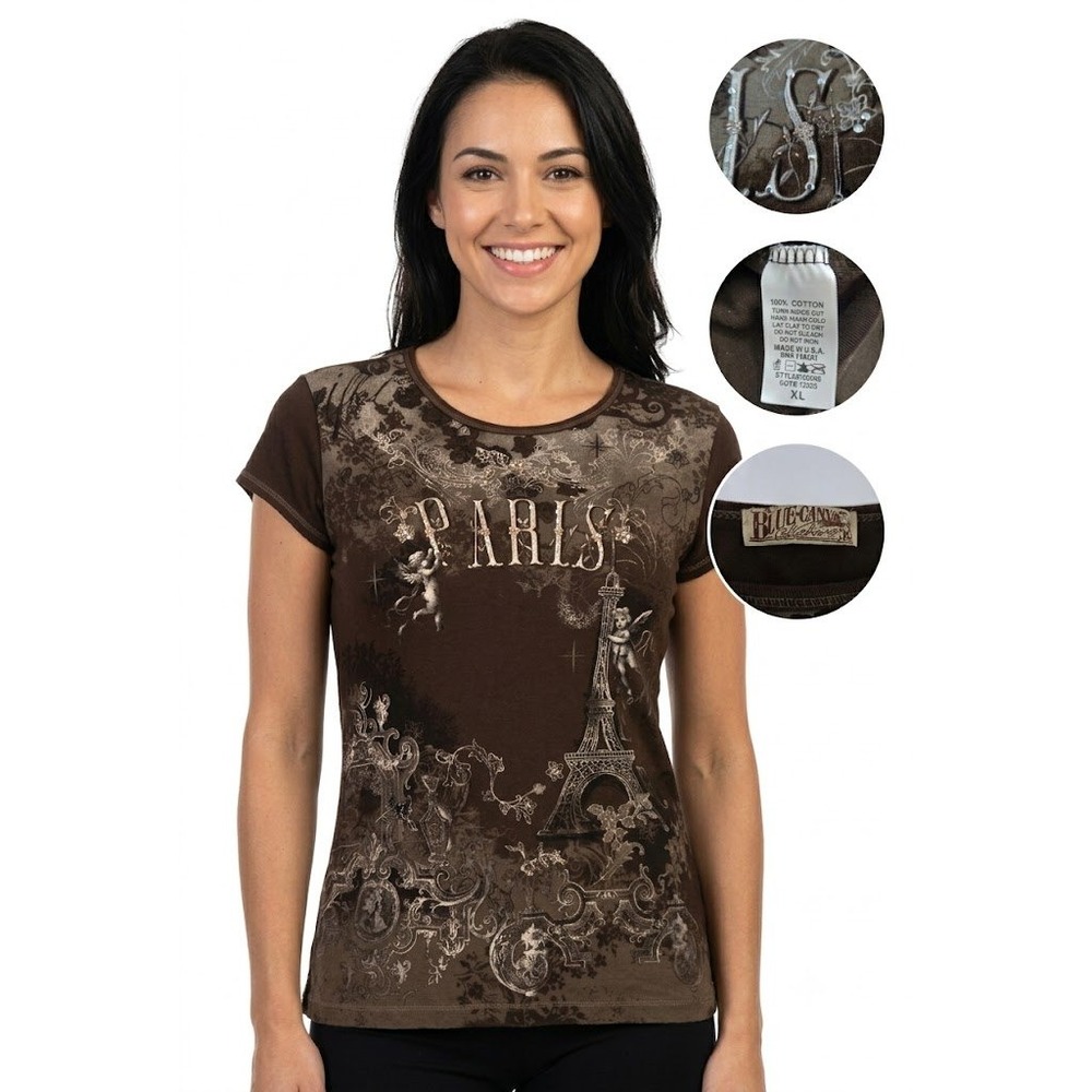 Vintage Y2K Paris Graphic Tee‎ Womens XL Brown Rhinestone Eiffel Tower USA Made